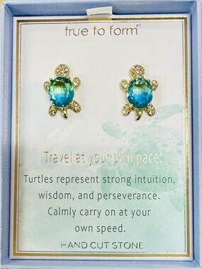 True To Form New in Box Aquamarine Crystal Turtle Earrings Sea Life Whimsy Gift